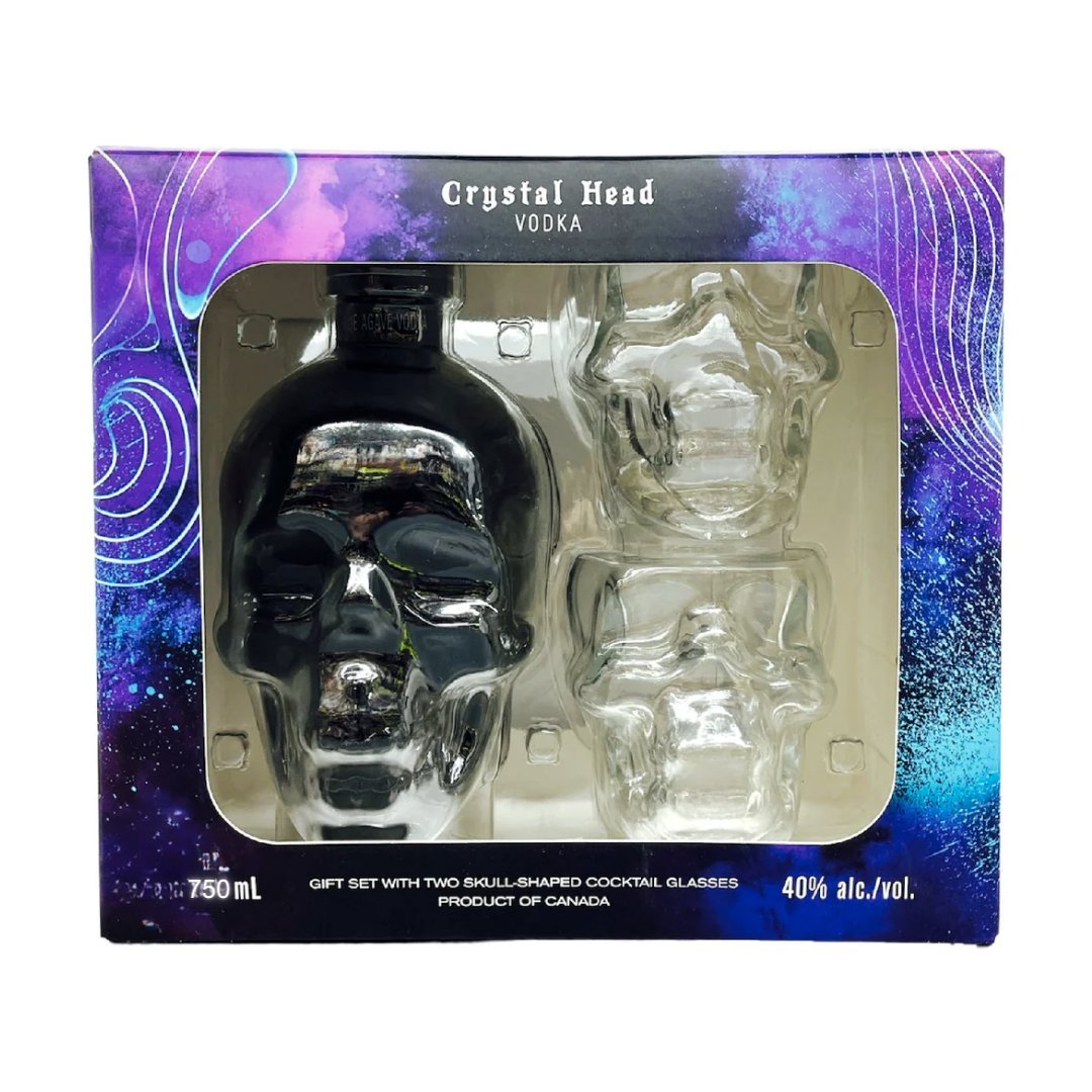 Crystal Head Black Onyx Vodka Gift Set With 2 Skull Cocktail Glasses - Memory Bottles