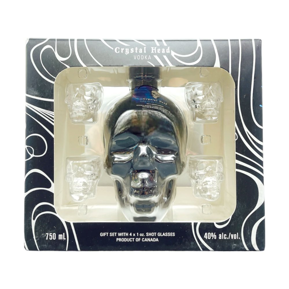 Crystal Head Black Onyx Vodka Gift Set With 4 Skull Shot Glasses - Memory Bottles