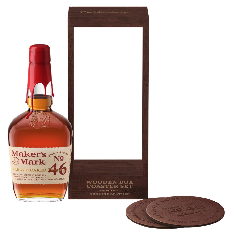 Maker's Mark 46 Limited Edition Gift Set W/ Wood Box & 2 Leather Coasters - Memory Bottles